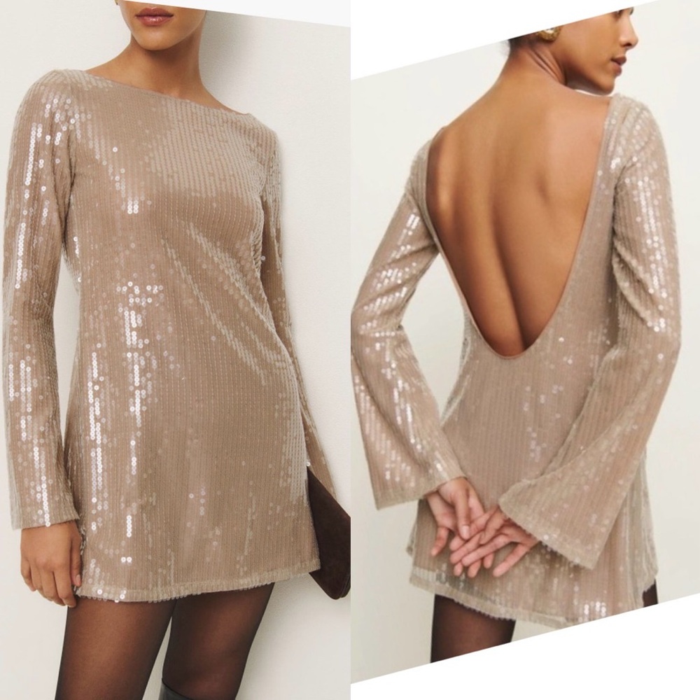 NWT REFORMATION Sereia sequin long sleeve open back mini dress size XL